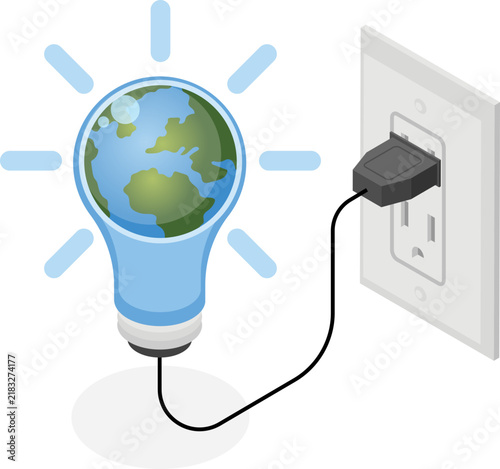Isometric vector illustration of earth globe inside glowing light bulb plugged into wall outlet