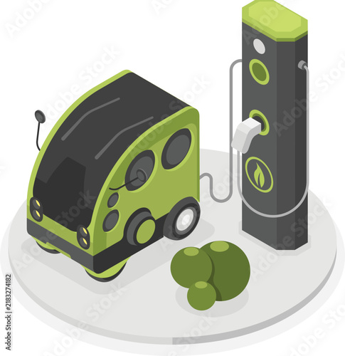 Isometric autonomous electric vehicle charging at a green energy power station isolated
