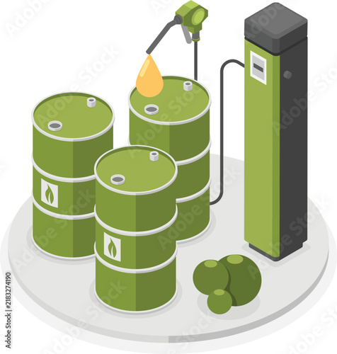 Isometric green biofuel concept with fuel barrels and gas pump nozzle isolated