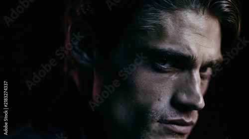 Intense man's face with dramatic chiaroscuro lighting against a dark background conveying power and determination