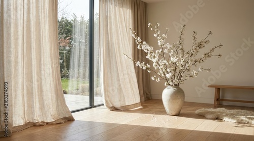 Bright living room interior with large vase and flowering branches, interior