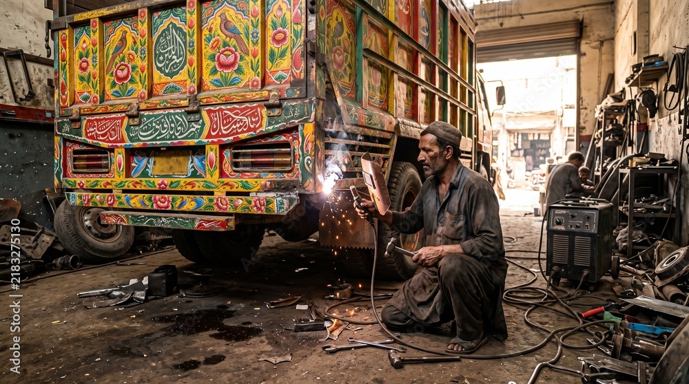 Obraz premium pakistani worker welding colorful truck art in local workshop