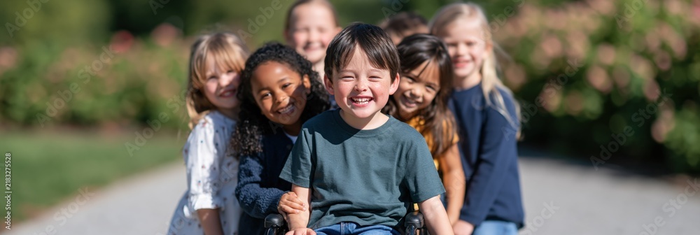 Fototapeta premium Inclusive group of friends surrounding a child in wheelchair outdoors for inclusion poster background and school banner design