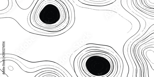 Bild auf Leinwand Topographic map lines pattern with black circular shapes representing hills or m