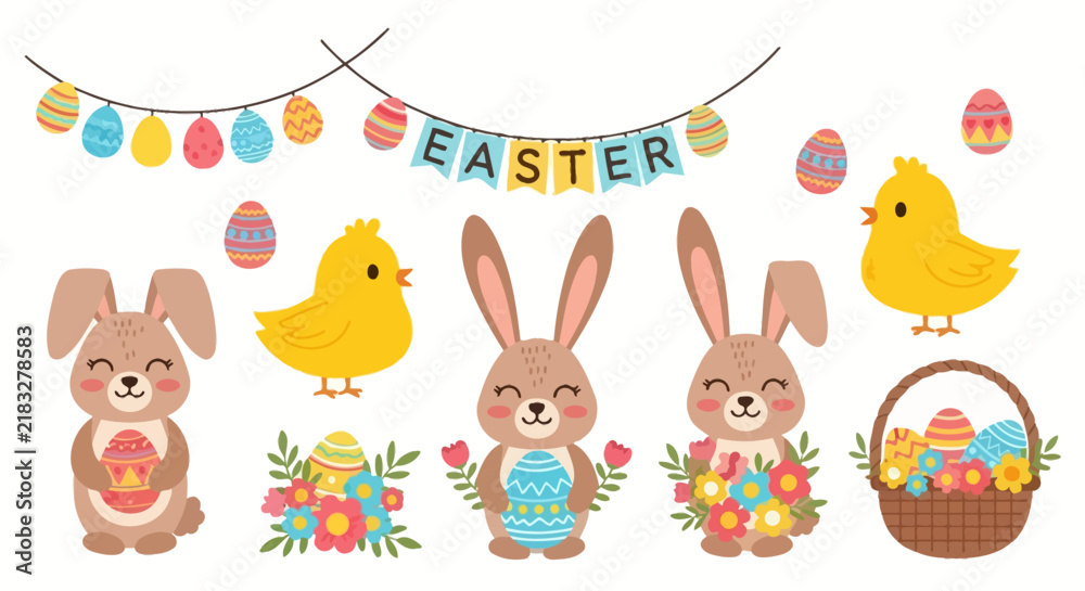 Naklejka premium Charming and whimsical vector illustration featuring stylized floral elements and playful characters on a clean white background, ideal for nursery decor, children's books, or greeting cards.