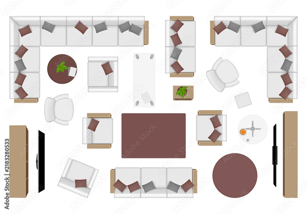 Obraz premium Living room interior. Home furnitures, top view. Sofas, armchairs and television units, rugs and decorative elements in realistic style. Vector household layout with seating zones structures