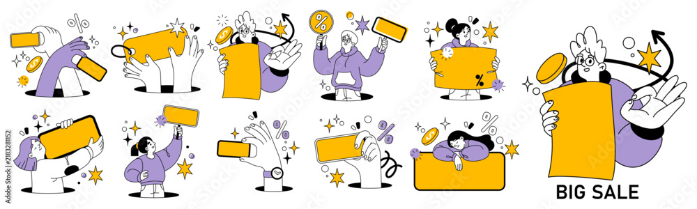 Fototapeta premium Shopper characters holding blank sale templates for discount messages and promotional headline, retail campaigns and shopping event. Vector marketplace announcement and commercial presentation