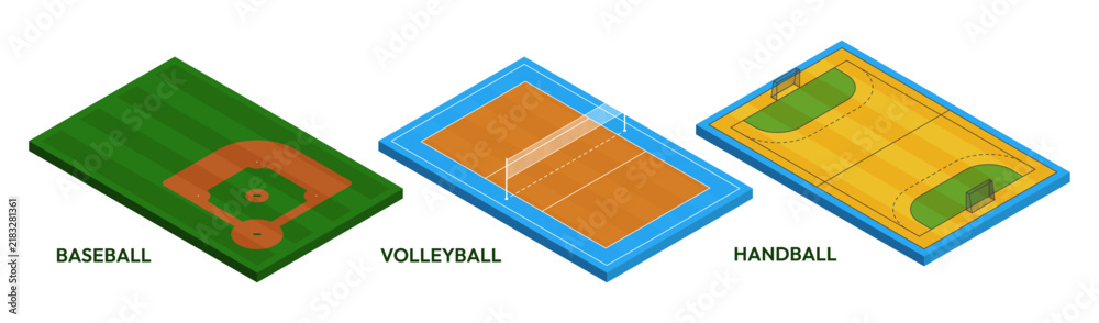 Obraz premium Isometric match fields. Baseball, volleyball and handball arenas with accurate layouts and markings. Vector team sports in stadium environment. Apps and educational material elements set