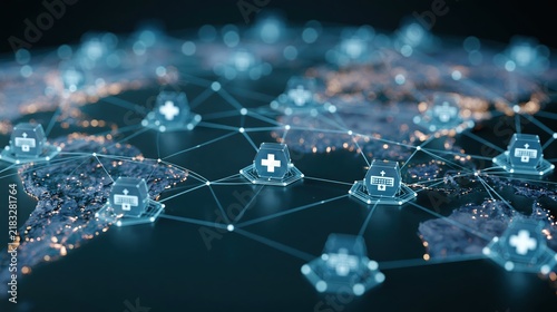Global healthcare network connecting medical icons across the planet during a digital night
