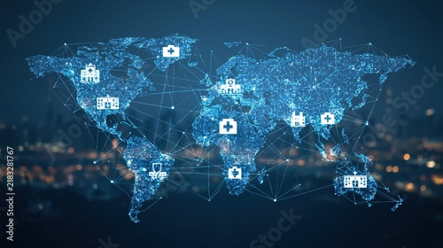 Global healthcare network with medical icons connected on a digital world map during nighttime with city lights