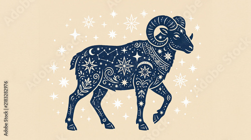 Ornate blue ram illustration with stars on beige background.