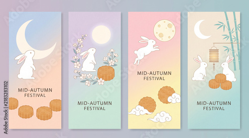 Pastel vertical banners with rabbits and mid-autumn festival motifs.