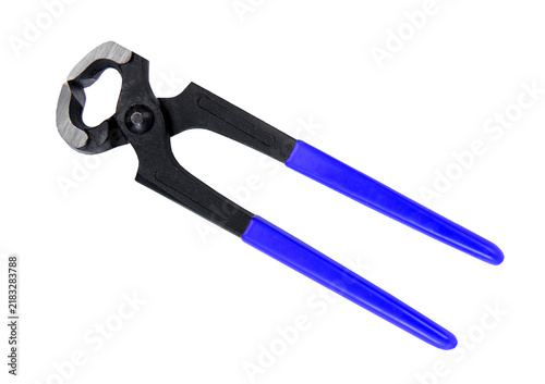 Foto Black steel end cutting pincers with blue handles for nail pulling