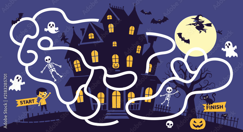 Naklejka premium Flat vector illustration of charming Halloween elements including cute ghosts, orange pumpkins, black bats, and spooky haunted house icons on a plain white background for festive design.