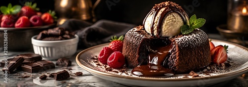 Decadent chocolate lava cake with melting center, warm molten chocolate fondant with vanilla ice cream and fresh berries