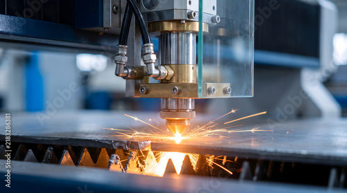 Quadro su tela Industrial cnc laser cutting machine slicing through heavy metal sheet with brig