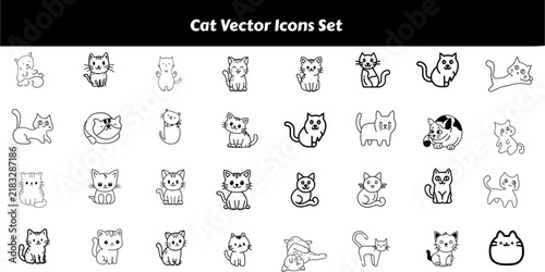 Cute Cat Vector Icons Set - Kitten, Pet Animal, Paws & Felid Line Art Badges