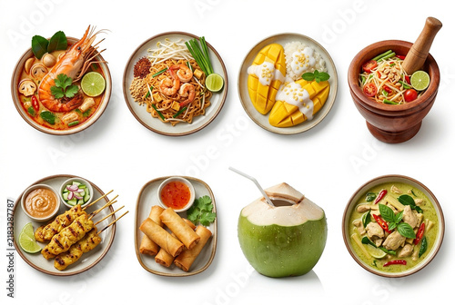 Set of 3D authentic Thai cuisine and popular street food dishes isolated on white background