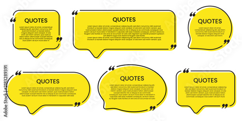 Set of yellow isolated quote frames. Speech bubbles with quotation marks. Quote frame with space for text. Set of quotation bubbles. Quote text box collection. Vector illustration.