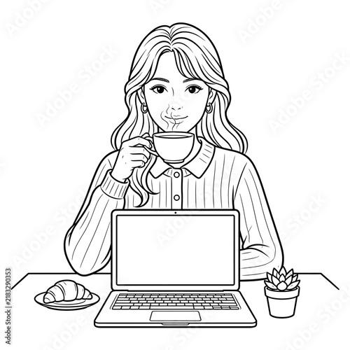 Young Woman with Coffee and Laptop Line Drawing