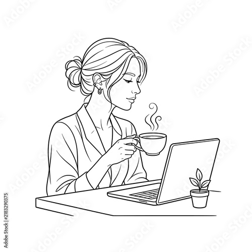 Woman working on laptop and drinking hot coffee