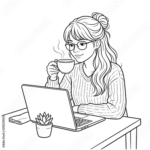 Young woman working on laptop and drinking coffee