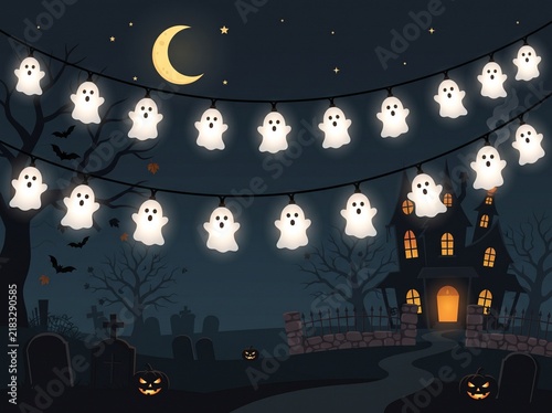 Halloween background with spooky haunted house, crescent moon, glowing ghost string lights, graveyard and bats