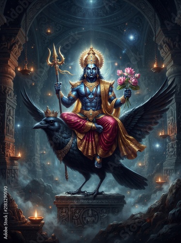 Hindu deity Shani Deva riding a giant black crow in a mystical temple setting.