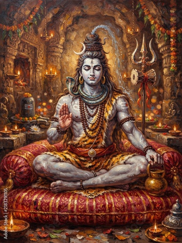 Lord Shiva meditating in a divine temple surrounded by lamps and sacred symbols, digital art depicting Hindu mythology and spirituality
