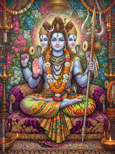 Hindu god Shiva with multiple faces holding a trishula sitting on a throne amidst vibrant flowers and oil lamps in digital painting illustration style