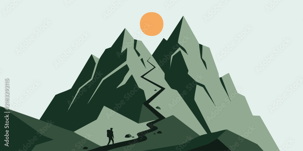 Obraz premium Minimalist illustration of a lone hiker conquering a steep mountain peak at sunset with winding path