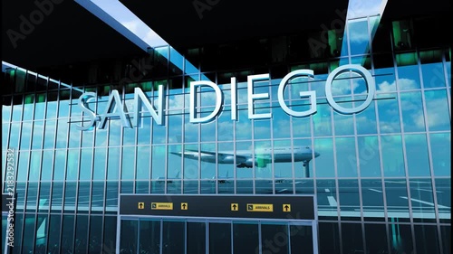 Airlane landing at San Diego, USA. Arrival in the city with reflection of airport and aircraft