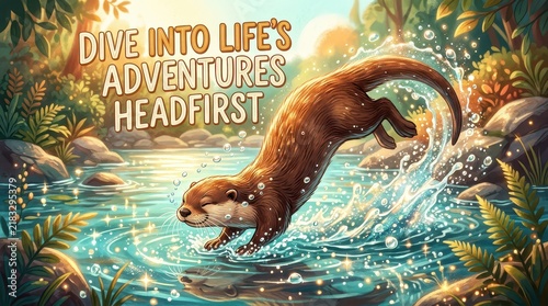 Joyful otter diving headfirst into sparkling river water amidst lush green foliage and bright sunlight, embodying adventure and playfulness.