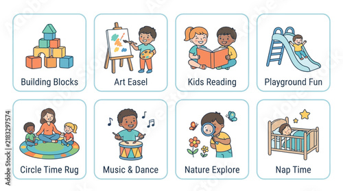 Preschool daily schedule icons set, kindergarten classroom activities vector, 8 educational routine labels for kids and teachers