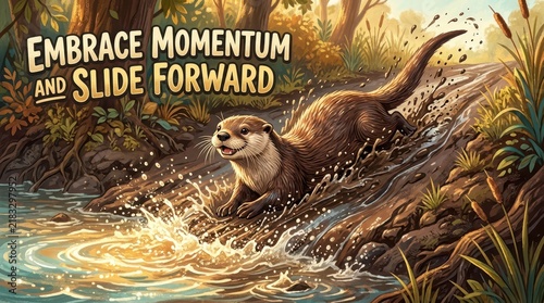 Joyful otter sliding down a muddy bank into water, embracing momentum and sliding forward in a dynamic natural scene.