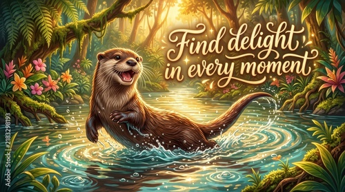 Joyful Otter Splashing in Lush Tropical Jungle Stream with Inspirational Text 