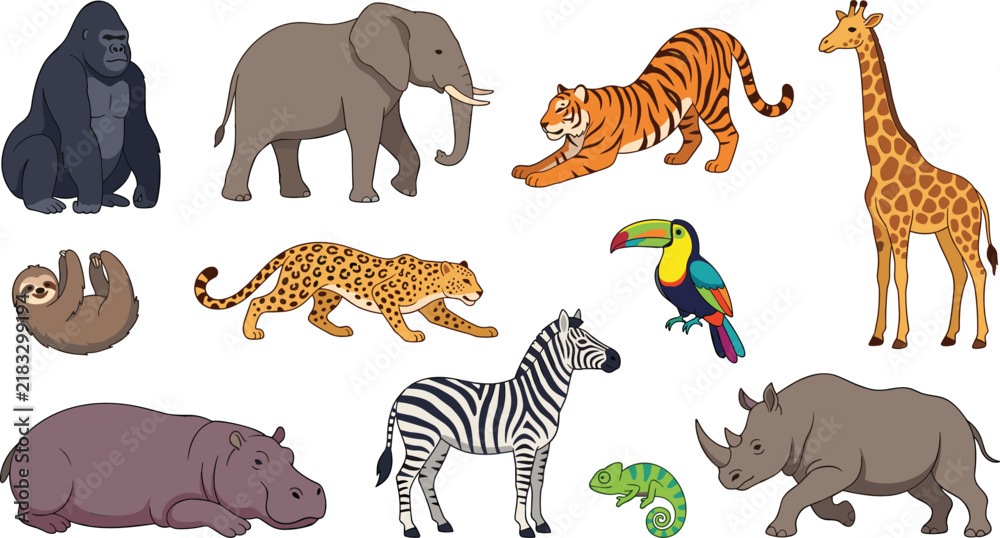 Obraz premium Wild Jungle and African Safari Animals Vector Set Featuring Elephants Tigers Giraffes Zebras and Rhinos for Children Education and Nature Conservation Graphic Designs