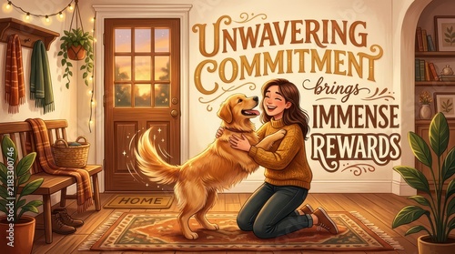 Joyful woman embraces golden retriever dog inside cozy home at sunset, text 'Unwavering Commitment Brings Immense Rewards'