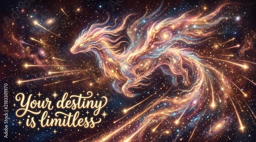 Majestic cosmic phoenix soaring through a starry galaxy, surrounded by shooting stars and nebulas, with inspirational text.