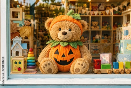 Cute plush teddy bear dressed as a pumpkin for Halloween, displayed in a cozy toy shop window with colorful wooden toys, gifts, and autumn decorations.