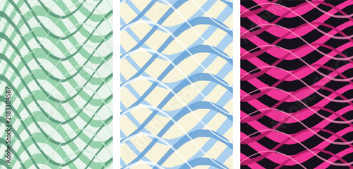 Three vertical panels with overlapping wavy lines in green, blue, and hot pink on contrasting backgrounds