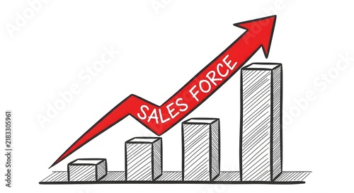 Sales force growth chart. Red arrow rising over bar graph. Hand drawn vector.