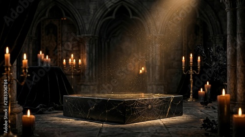 Mysterious Gothic Interior with Black Marble Pedestal, Candles, and Ethereal Light for Product Display