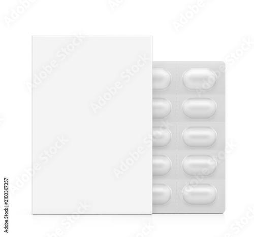 Silver blister packaging with paperboard box mockup set with capsule pills for design, presentation pharmacy products. 3D hight realistic vector illustration isolated on white background. EPS10.