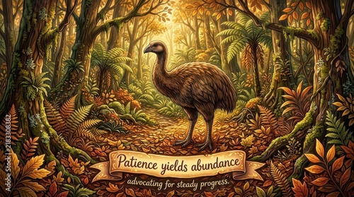 Large flightless bird standing in a dense, sunlit forest with abundant ferns and mossy trees, inspirational banner text