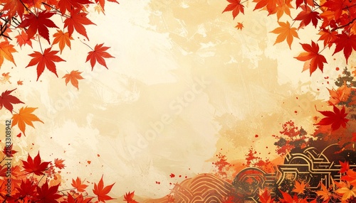 Sophisticated Japanese Autumn Background with Maple Leaves Framing the Edges and Wide Copy Space