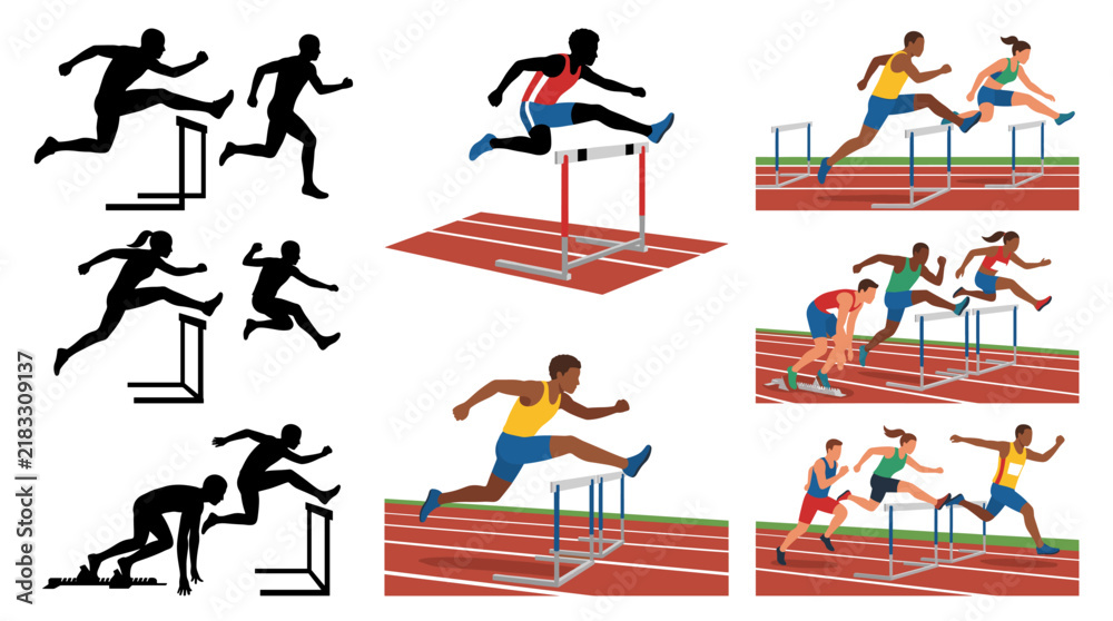 Obraz premium Professional vector collection featuring different styles of hurdle race athletes and dynamic track competition scenes, including sprinting over hurdles, jumping, landing, accelerating