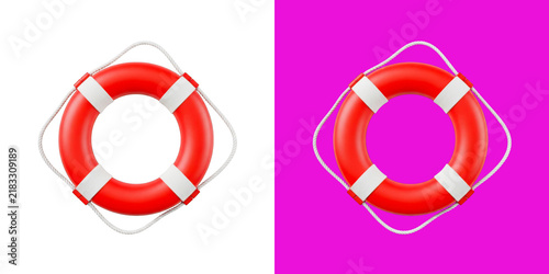 Foto Orange red rescue lifebuoy ring with white safety rope for emergency water survi