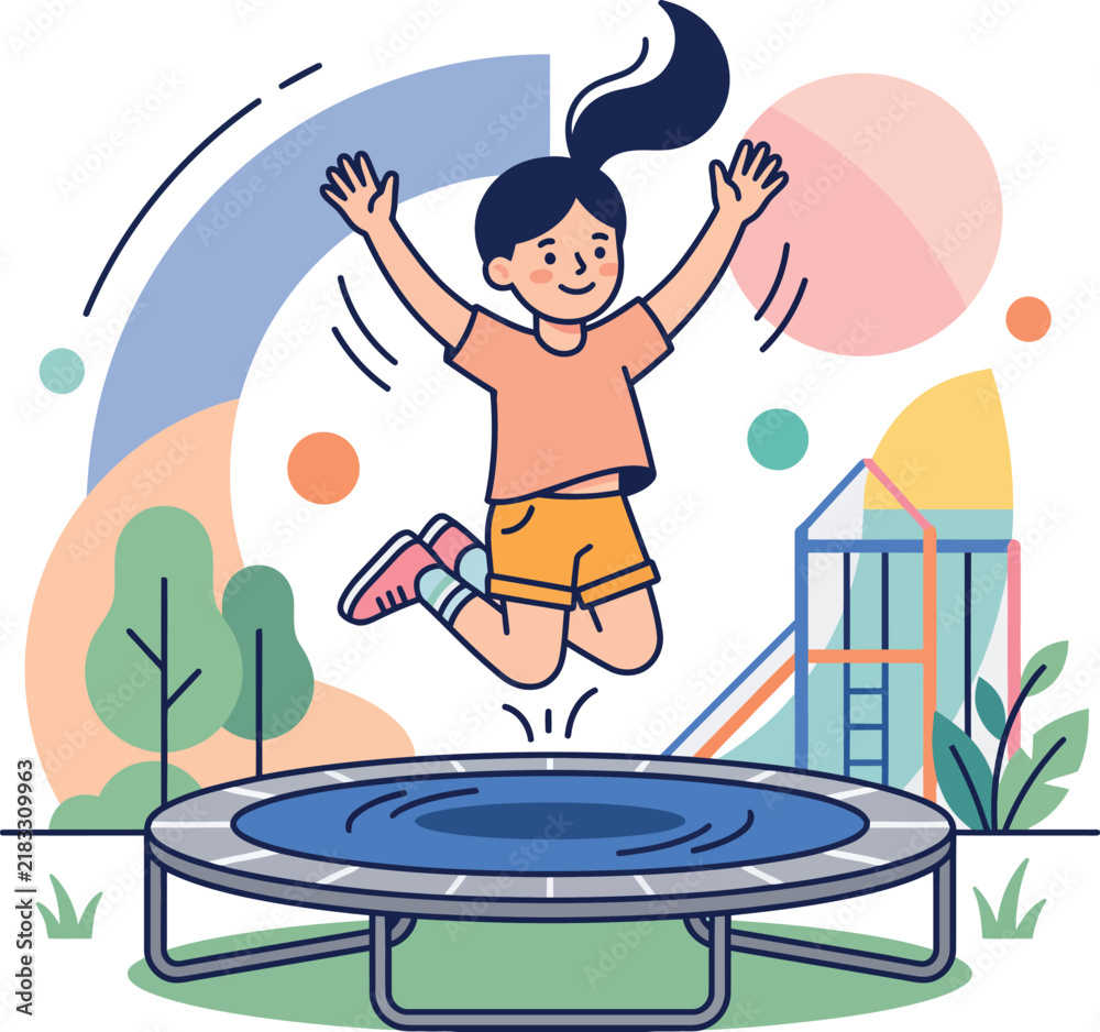 Naklejka premium Girl jumping on a trampoline colorful vector illustration with playground backdrop