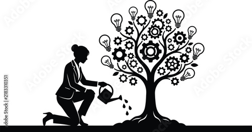 Silhouette of woman watering a tree with lightbulbs and gears